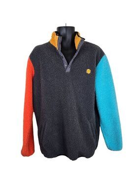 Dutch Bros Color Block Sherpa Fleece Sweatshirt Mens L Smiley Face
